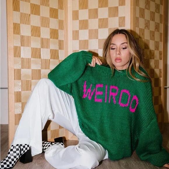 DRESSED IN LALA I’m A Weirdo Slouchy Knit Sweater Green Pink Chunky Small Medium - Picture 1 of 8